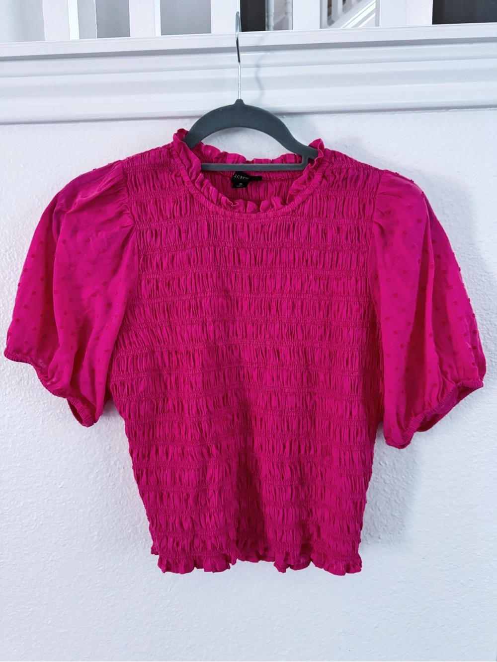 J Crew Hot Pink Textured Dot
Puff-Sleeve Smocked Top SZ M